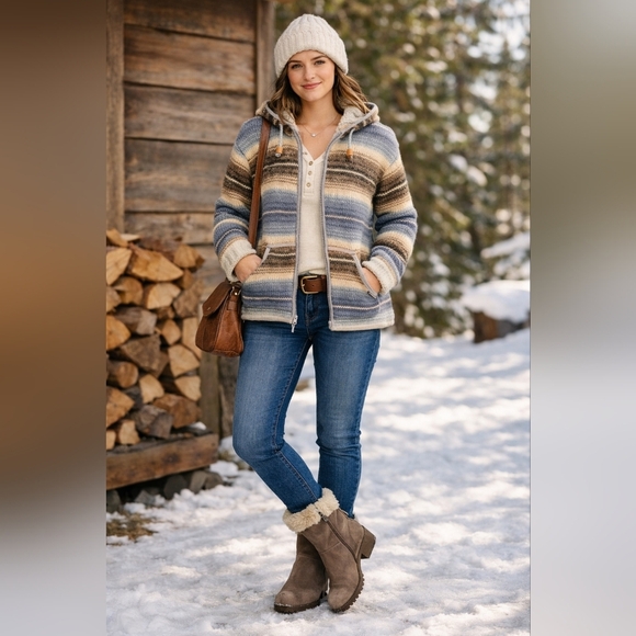 Levi's Sweaters - Laundromat Striped Hooded Jacket with Blue and Brown Tones 100% Wool Heavy Knit